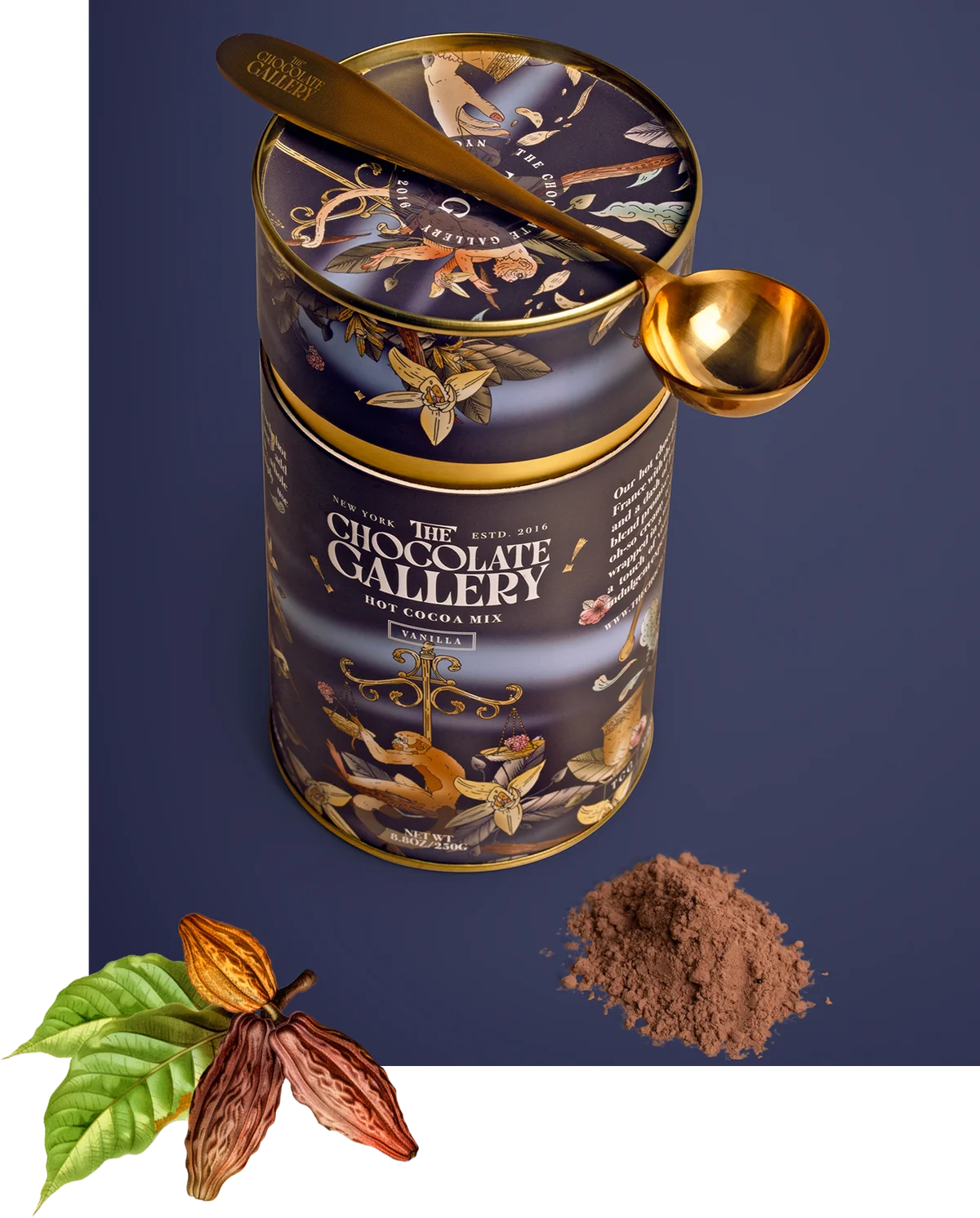 The Chocolate Gallery hot cocoa tin with cocoa pods